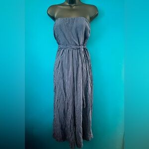 Indulge Navy Blue Strapless Striped Wide Leg Jumpsuit with Removable Belt